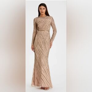 Mac Duggal 5240 Size 2 Long Sleeve Beaded Column Formal Evening Gown, Mocha NWT